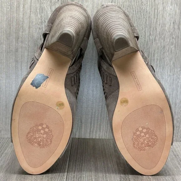 Vince Camuto Sandals Womens Size 8.5M Cone Heel Peep Toe Zip Pump Leather Taupe - Picture 13 of 13